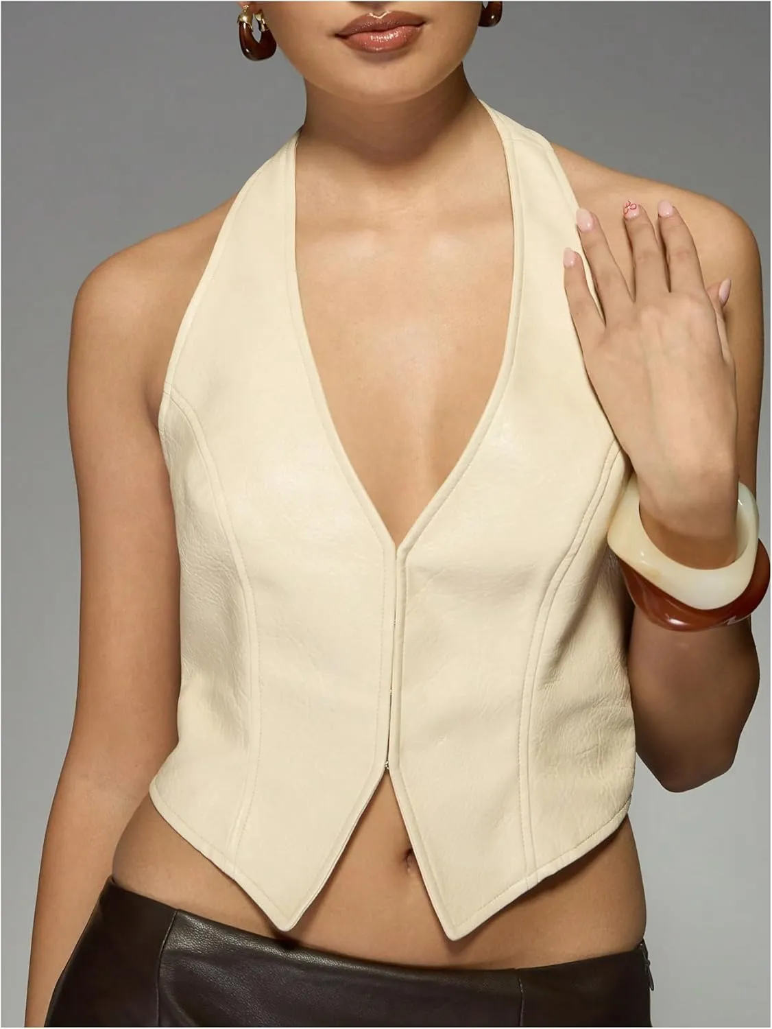 SOLY HUX Women's PU Leather Halter Tank Tops Sexy Deep V Neck Asymmetrical Vest Corset Party Clubwear