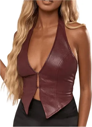 SOLY HUX Women's PU Leather Halter Tank Tops Sexy Deep V Neck Asymmetrical Vest Corset Party Clubwear