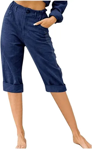 Stessotudo Capris for Women Summer Casual Elastic High Waist Linen Pants with Pockets Wide Cropped Leg Loose Trousers 2023