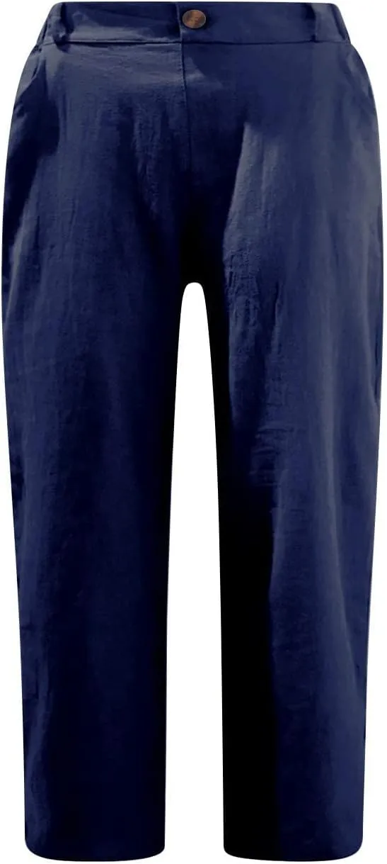 Stessotudo Capris for Women Summer Casual Elastic High Waist Linen Pants with Pockets Wide Cropped Leg Loose Trousers 2023