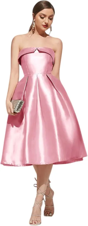 Strapless Satin A-Line Cocktail Dress for Women  Elegant Prom, Wedding,Formal Evening Gown with Pleated Skirt