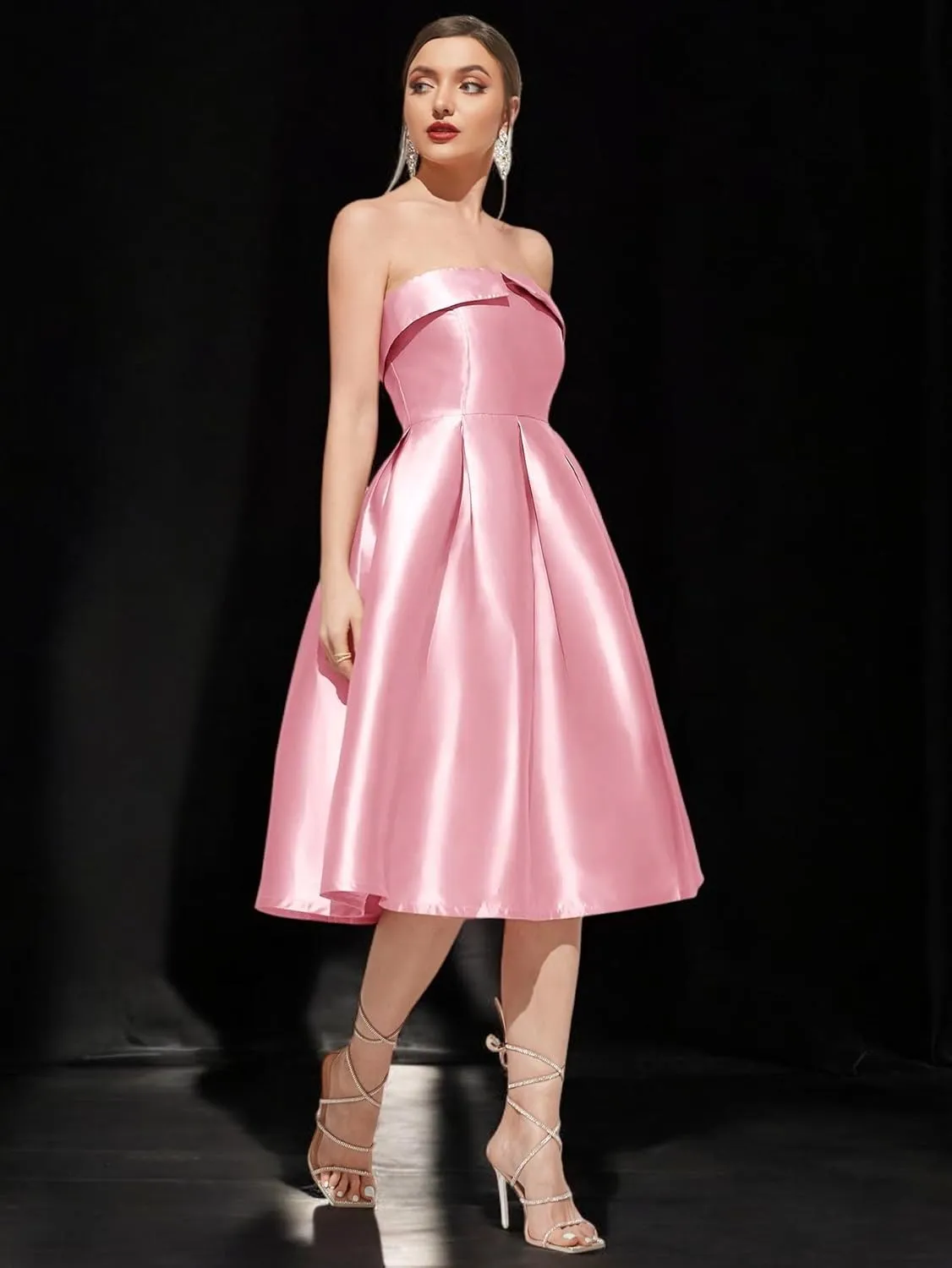 Strapless Satin A-Line Cocktail Dress for Women  Elegant Prom, Wedding,Formal Evening Gown with Pleated Skirt
