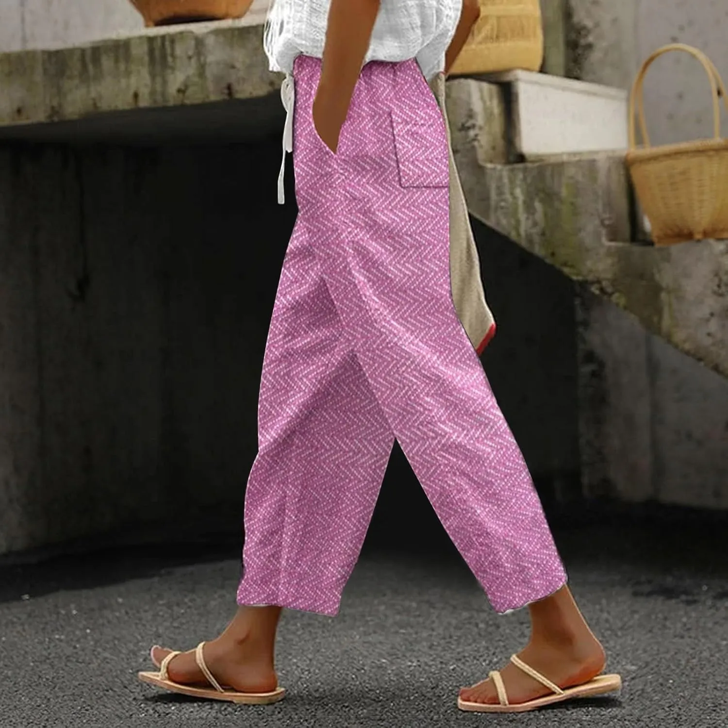 Striped Linen Capris Women Casual Drawstring Pants Linen Pants Women Capri Linen Pants Women Capri Linen