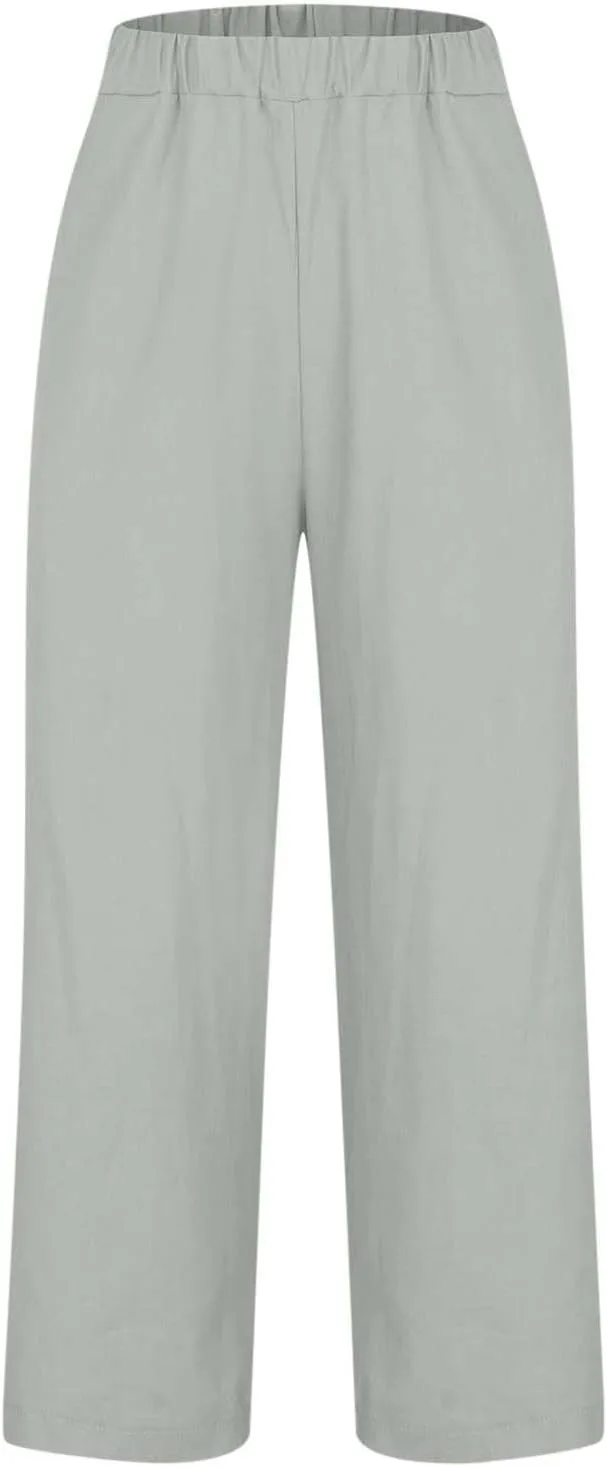 Summer Cotton Linen Pants for Women 2024 Plus Size Causal Straight Leg Cropped Lounge Pant Beach Vacation Trousers