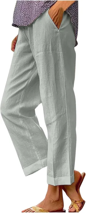 Summer Cotton Linen Pants for Women 2024 Plus Size Causal Straight Leg Cropped Lounge Pant Beach Vacation Trousers