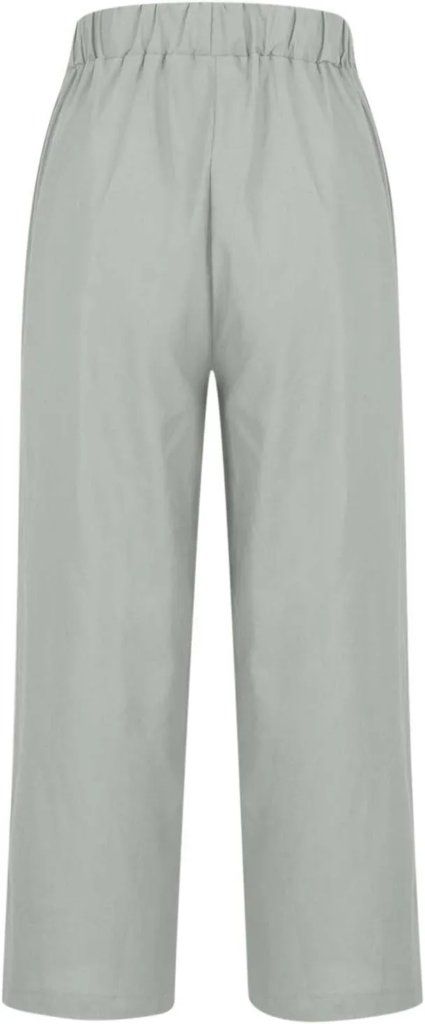 Summer Cotton Linen Pants for Women 2024 Plus Size Causal Straight Leg Cropped Lounge Pant Beach Vacation Trousers