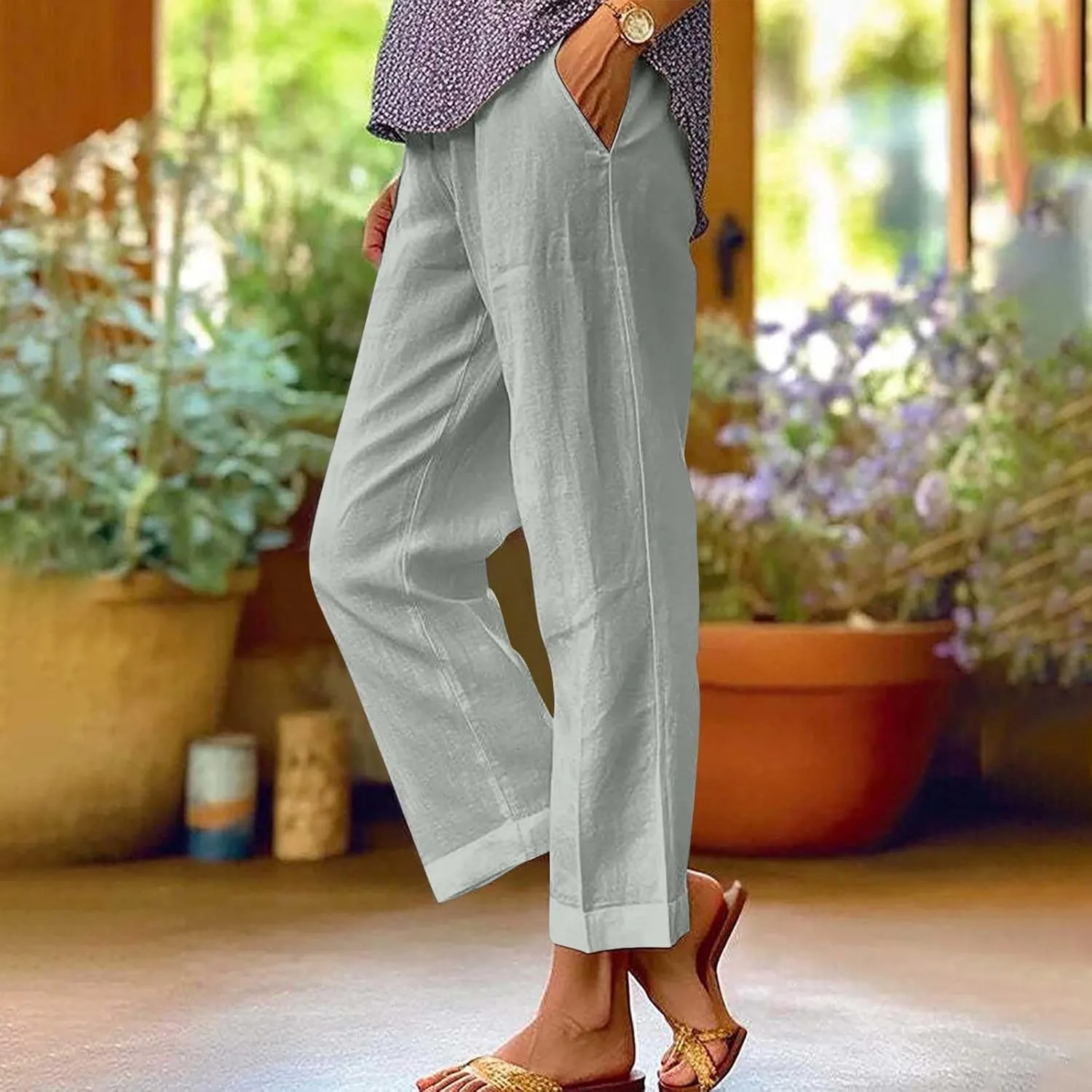 Summer Cotton Linen Pants for Women 2024 Plus Size Causal Straight Leg Cropped Lounge Pant Beach Vacation Trousers