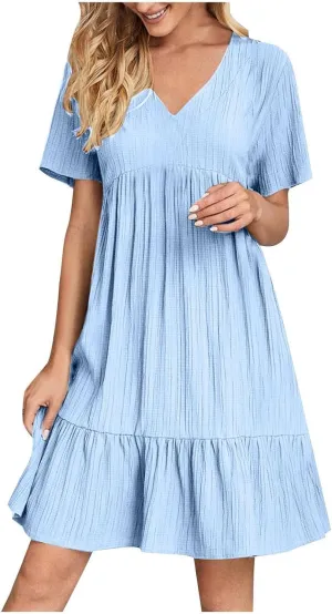 Summer Dresses for Women 2025 Plus Size Short Sleeve V Neck Mini Dress Casual Flowy Swing Boho Beach Vacation Clothes