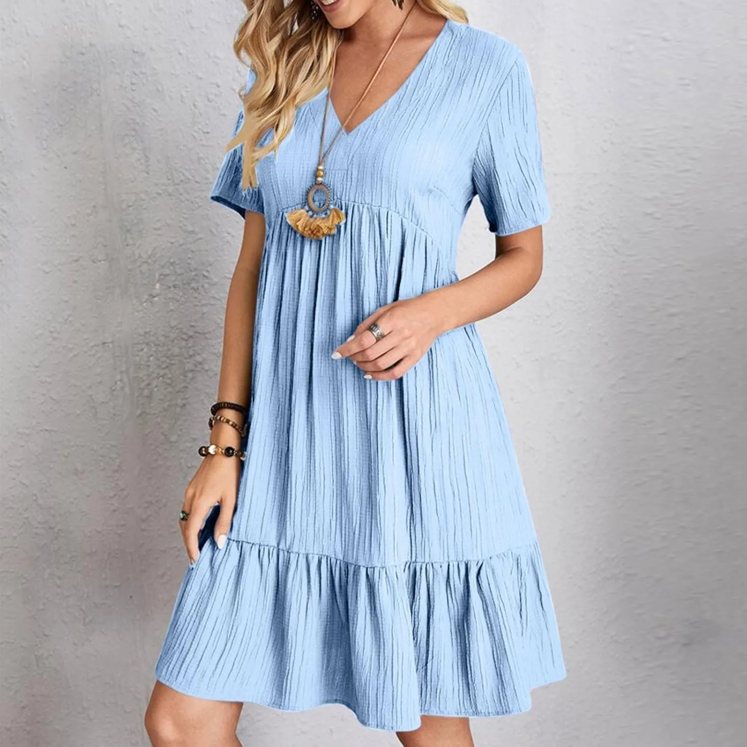Summer Dresses for Women 2025 Plus Size Short Sleeve V Neck Mini Dress Casual Flowy Swing Boho Beach Vacation Clothes