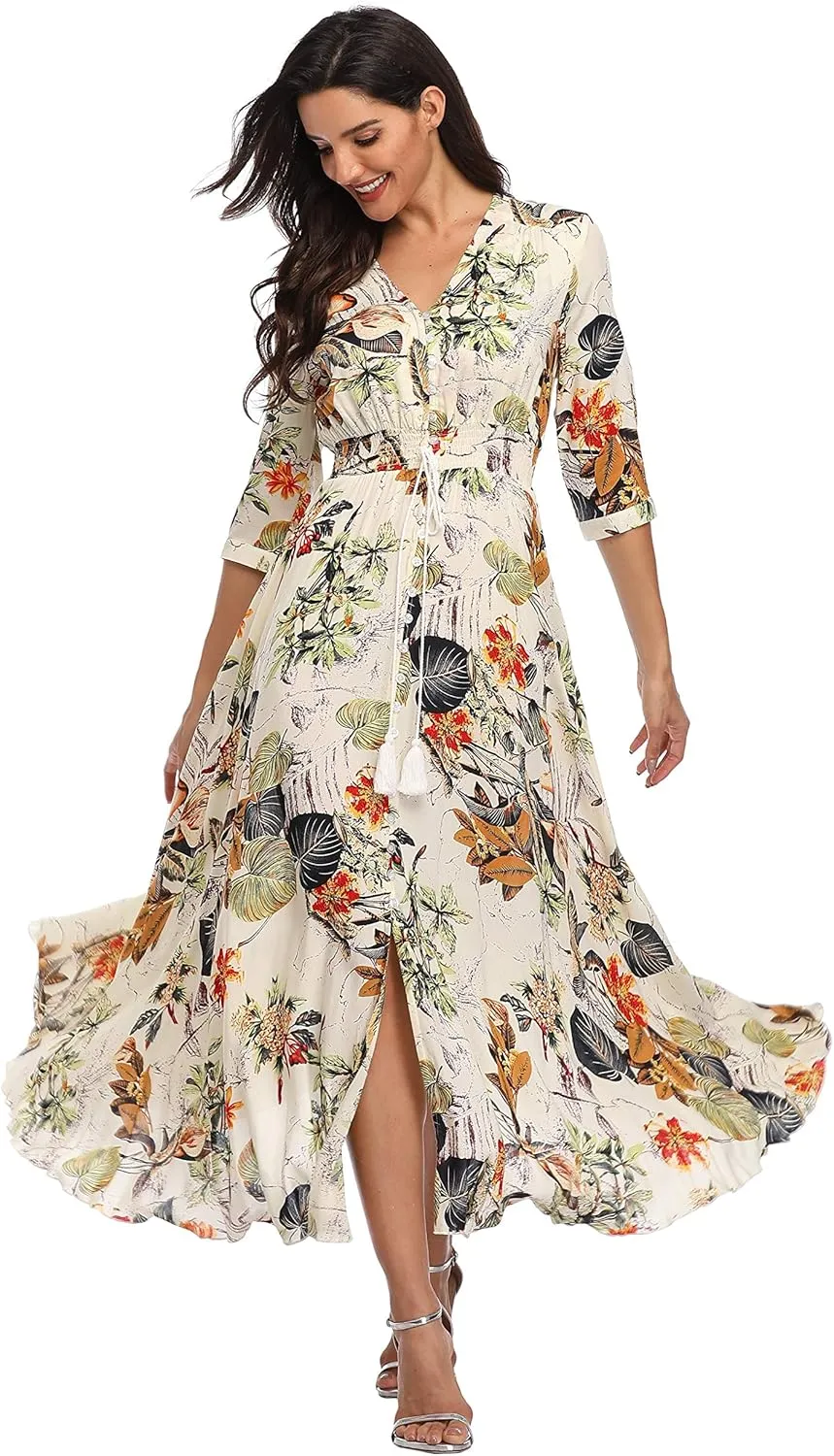 Summer Floral Print Maxi Dress Women Button Up Split Long Flowy Bohemian Beach Party Dresses