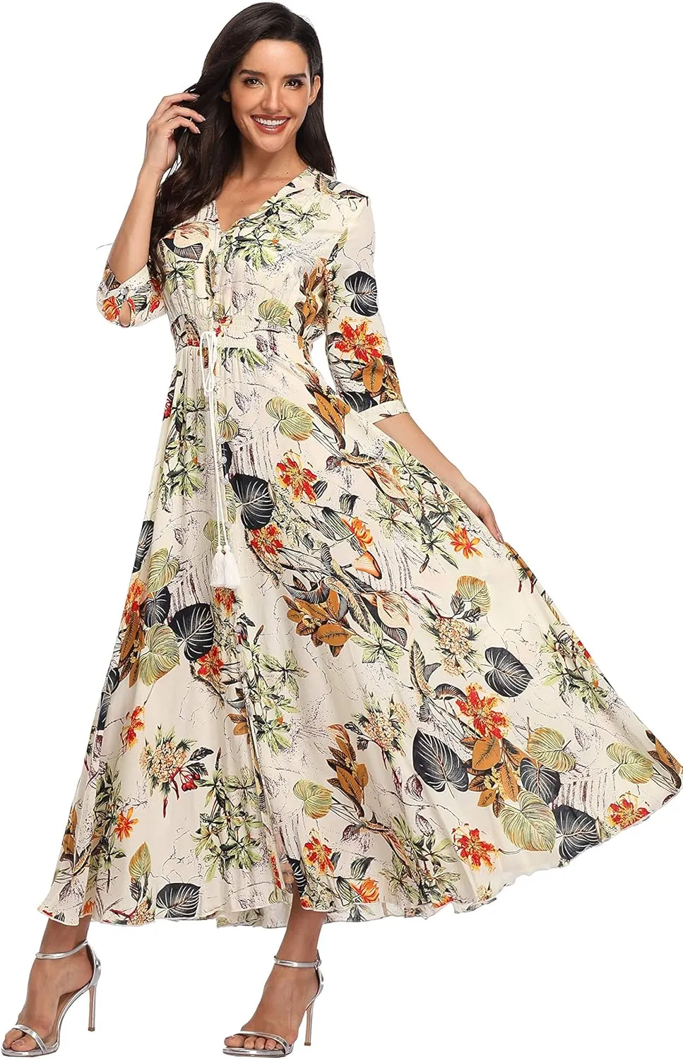 Summer Floral Print Maxi Dress Women Button Up Split Long Flowy Bohemian Beach Party Dresses