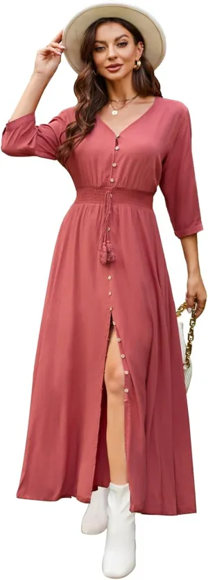 Summer Floral Print Maxi Dress Women Button Up Split Long Flowy Bohemian Beach Party Dresses