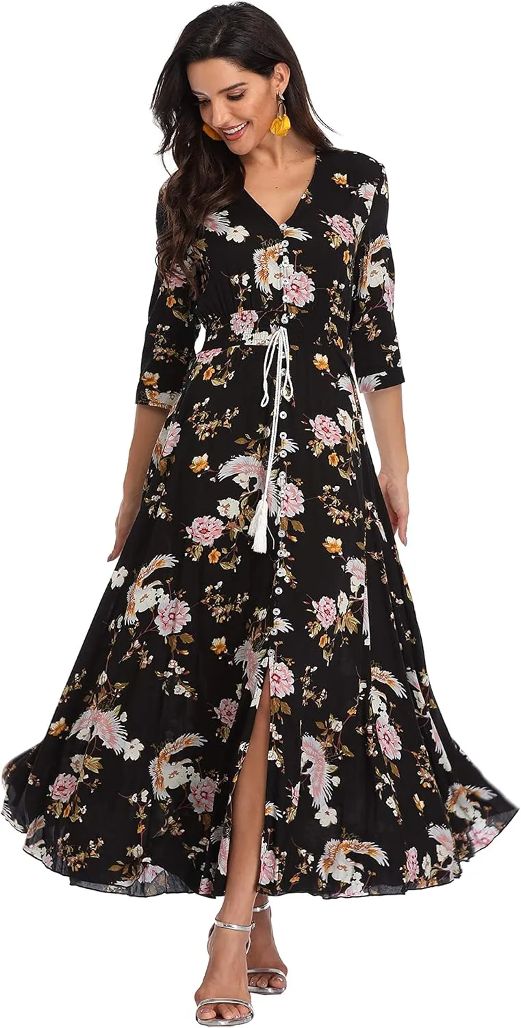 Summer Floral Print Maxi Dress Women Button Up Split Long Flowy Bohemian Beach Party Dresses