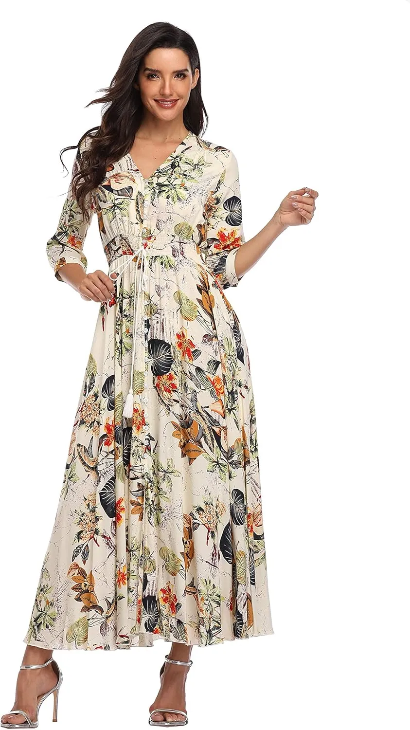 Summer Floral Print Maxi Dress Women Button Up Split Long Flowy Bohemian Beach Party Dresses