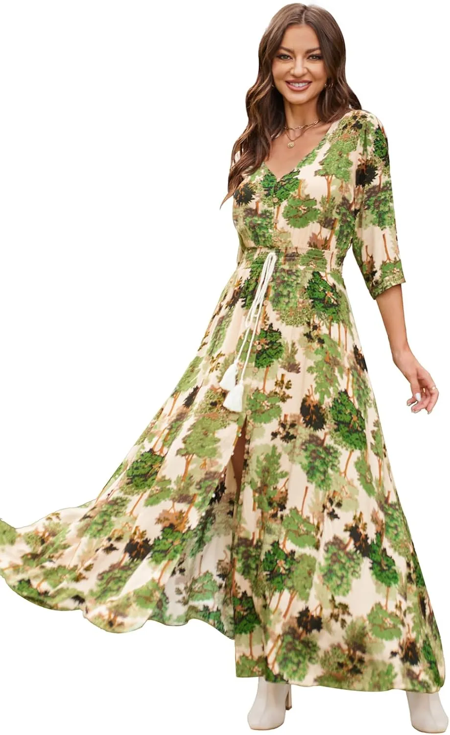 Summer Floral Print Maxi Dress Women Button Up Split Long Flowy Bohemian Beach Party Dresses