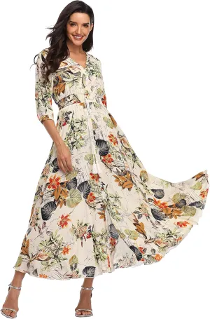 Summer Floral Print Maxi Dress Women Button Up Split Long Flowy Bohemian Beach Party Dresses