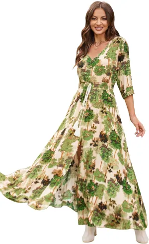 Summer Floral Print Maxi Dress Women Button Up Split Long Flowy Bohemian Beach Party Dresses