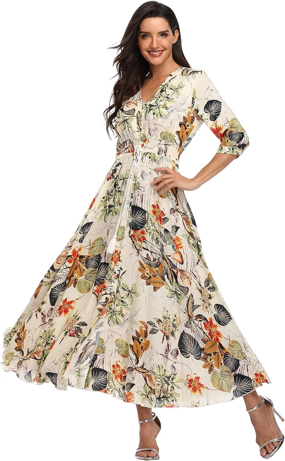 Summer Floral Print Maxi Dress Women Button Up Split Long Flowy Bohemian Beach Party Dresses