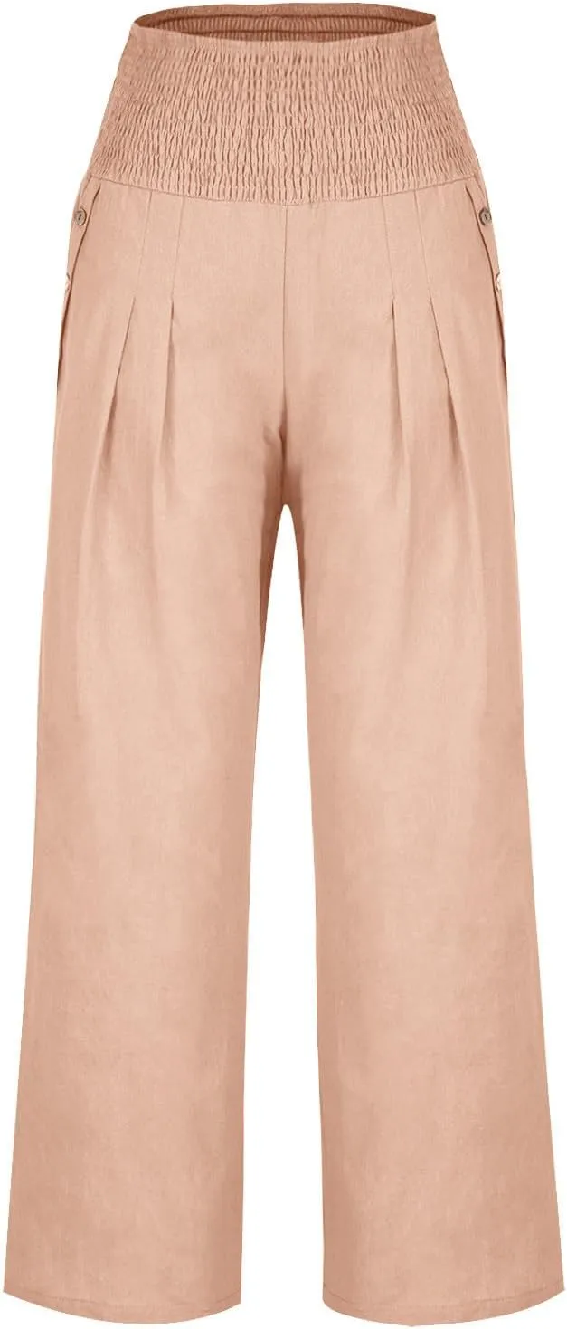 Summer Pants for Women Trendy 2024 High Waist Wide Leg Palazzo Pant Casual Loose Cotton Linen Lounge Trousers