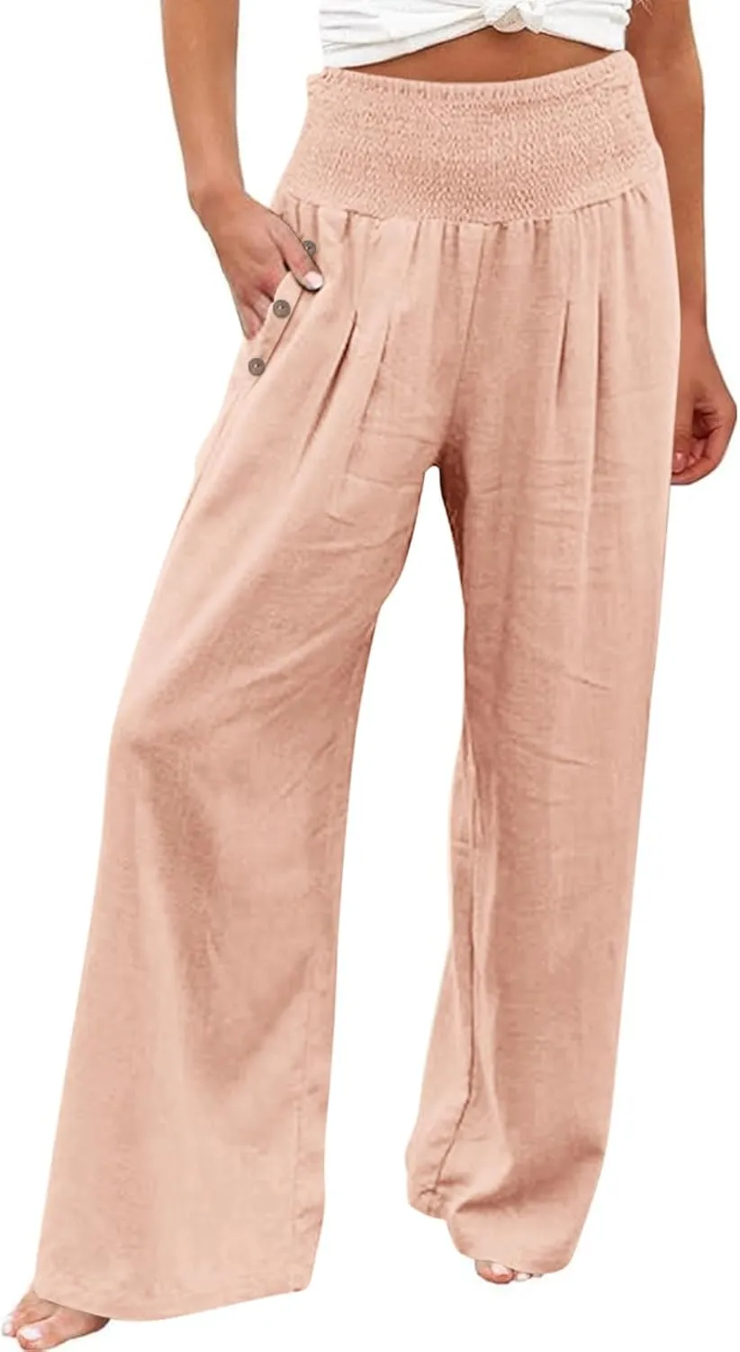 Summer Pants for Women Trendy 2024 High Waist Wide Leg Palazzo Pant Casual Loose Cotton Linen Lounge Trousers