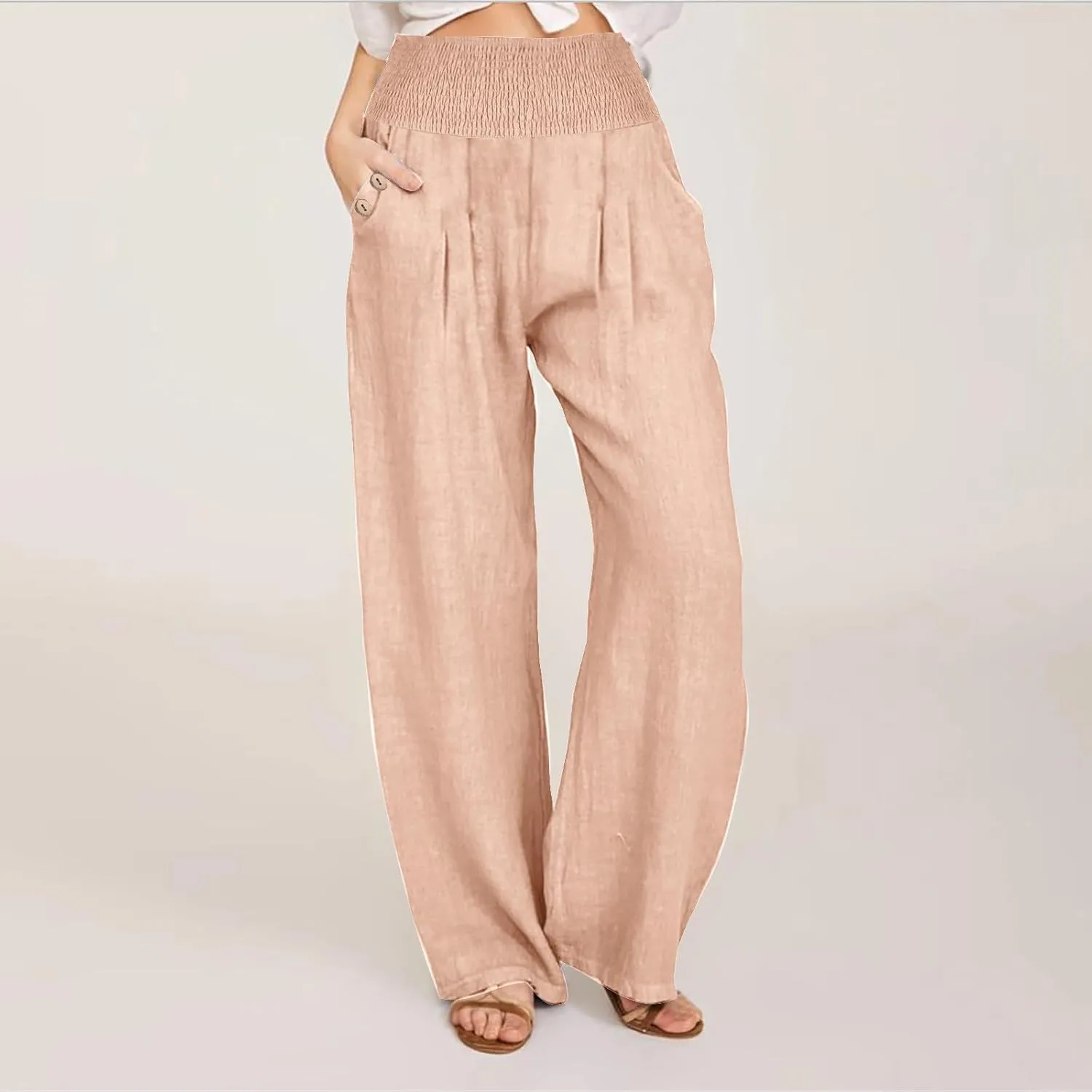 Summer Pants for Women Trendy 2024 High Waist Wide Leg Palazzo Pant Casual Loose Cotton Linen Lounge Trousers