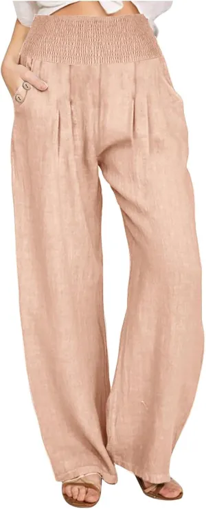 Summer Pants for Women Trendy 2024 High Waist Wide Leg Palazzo Pant Casual Loose Cotton Linen Lounge Trousers