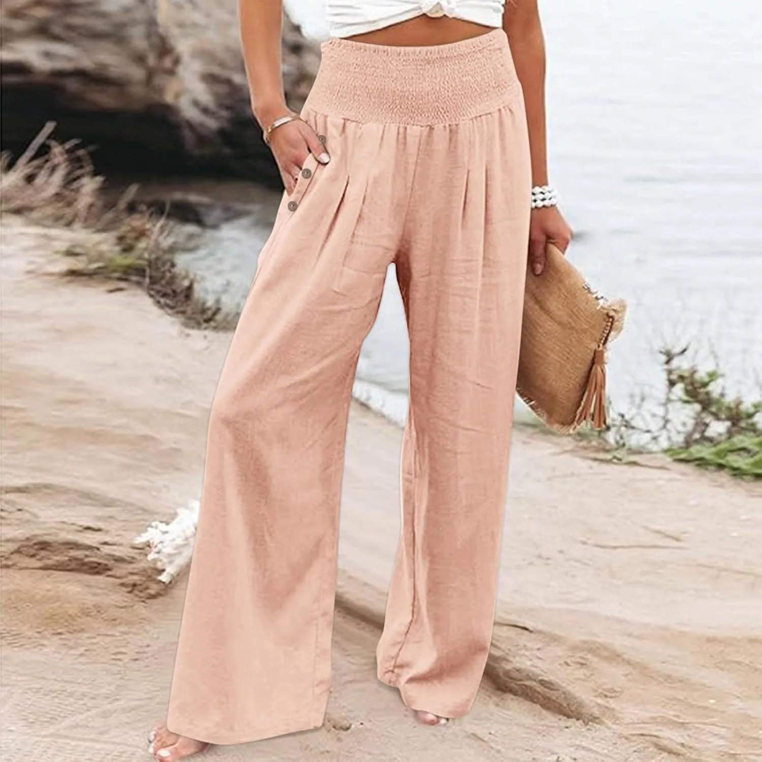 Summer Pants for Women Trendy 2024 High Waist Wide Leg Palazzo Pant Casual Loose Cotton Linen Lounge Trousers