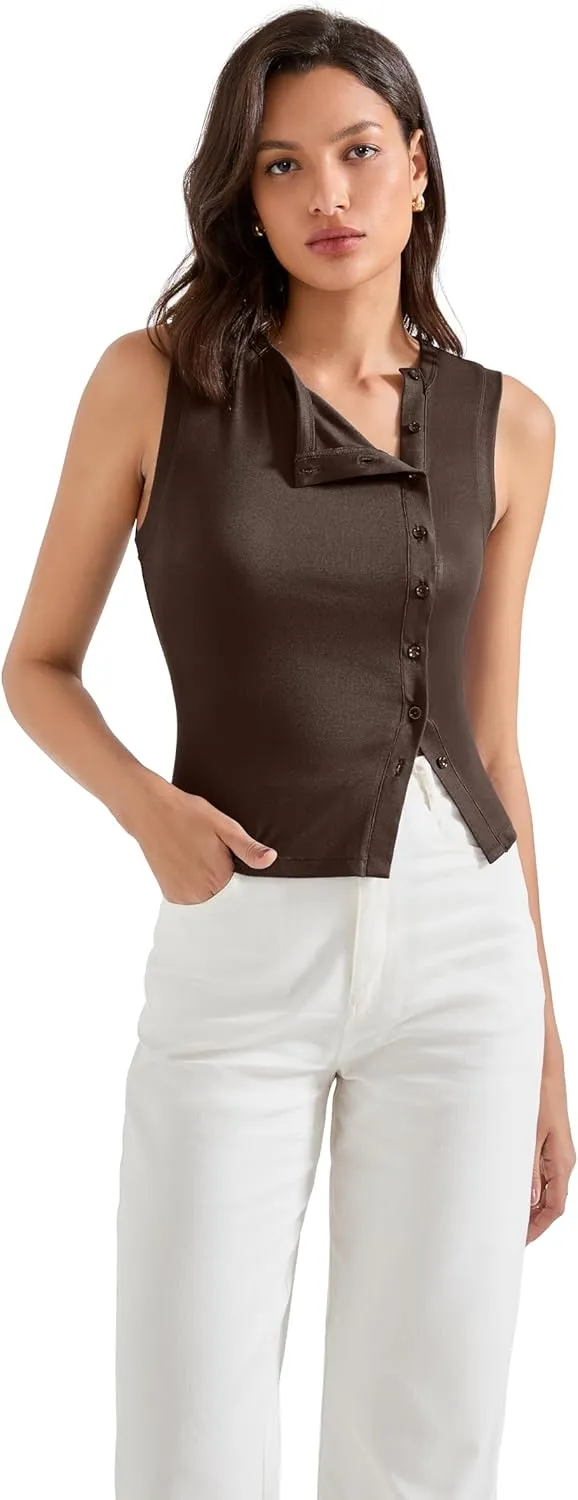 SUUKSESS Women Button Down Tank Top Sleeveless Summer Casual Vest Business Work Fitted Shirt