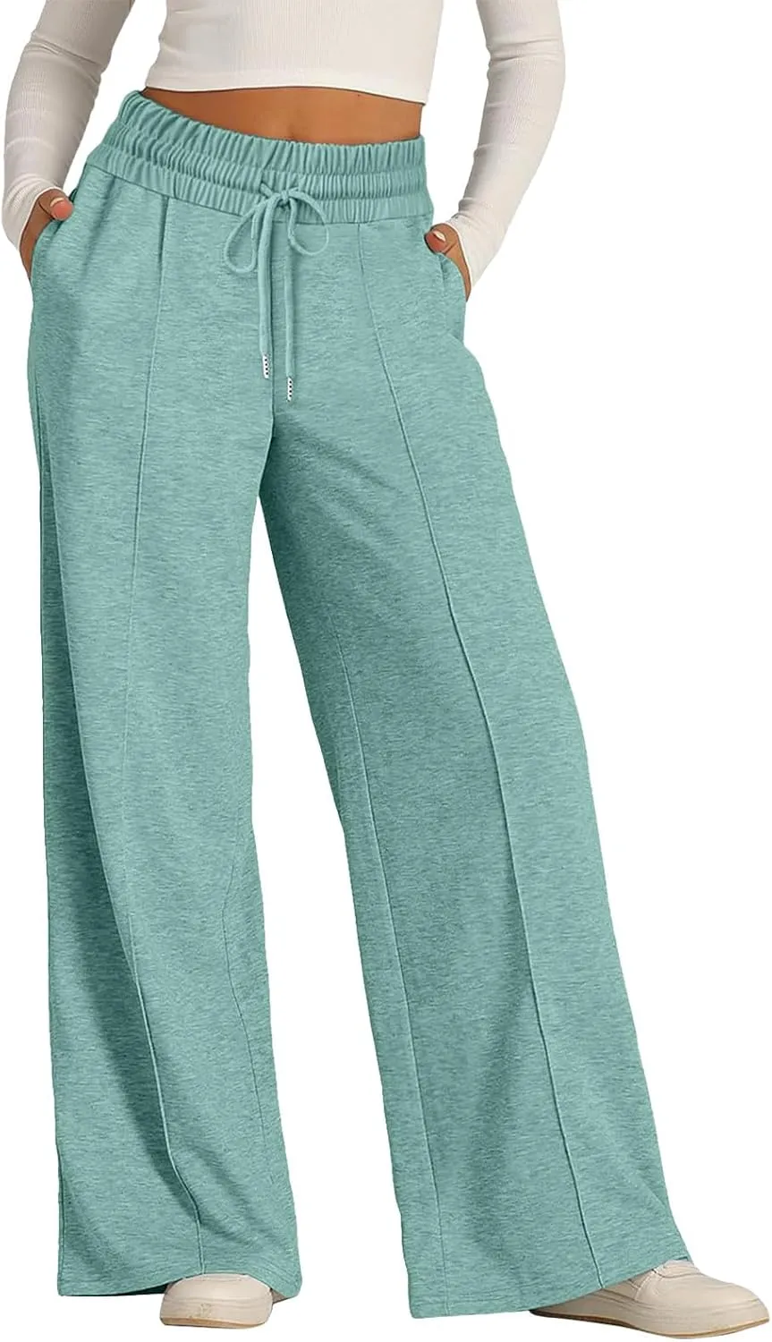 Sweatpants Women Baggy Wide Leg Elastic Drawstring Lounge Pants Straight Leg Open Bottom High Waist Joggers Trouser