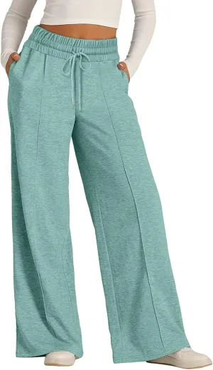 Sweatpants Women Baggy Wide Leg Elastic Drawstring Lounge Pants Straight Leg Open Bottom High Waist Joggers Trouser