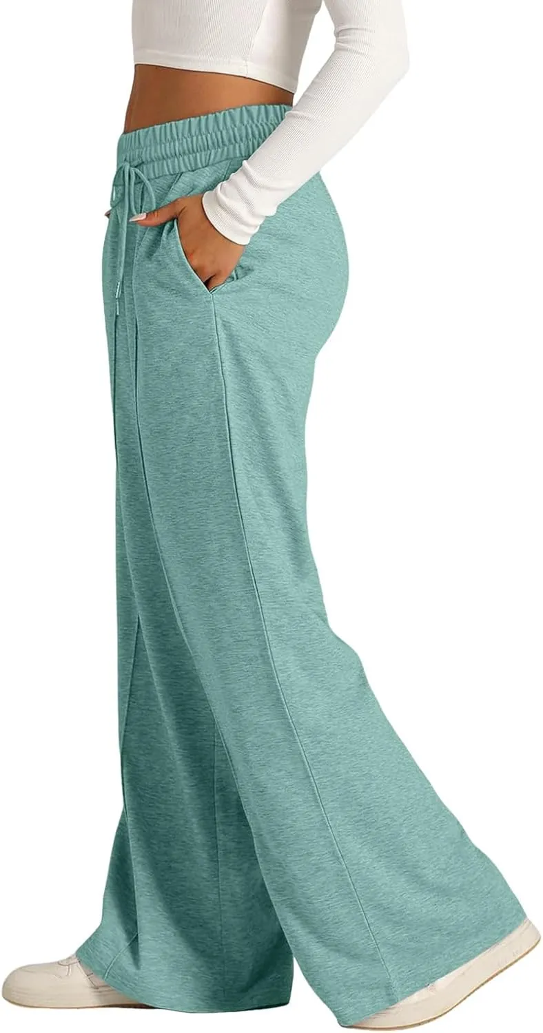 Sweatpants Women Baggy Wide Leg Elastic Drawstring Lounge Pants Straight Leg Open Bottom High Waist Joggers Trouser