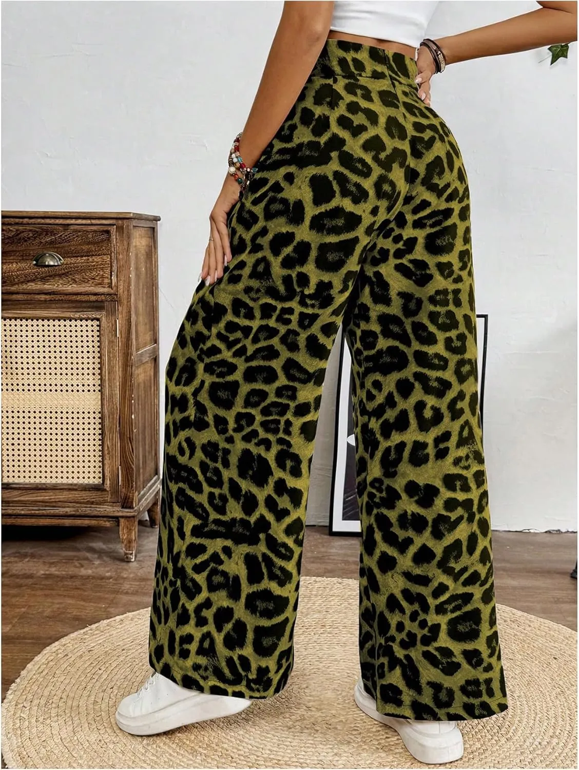 SweatyRocks Women's Leopard Print High Waisted Wide Leg Pants Casual Long Trousers