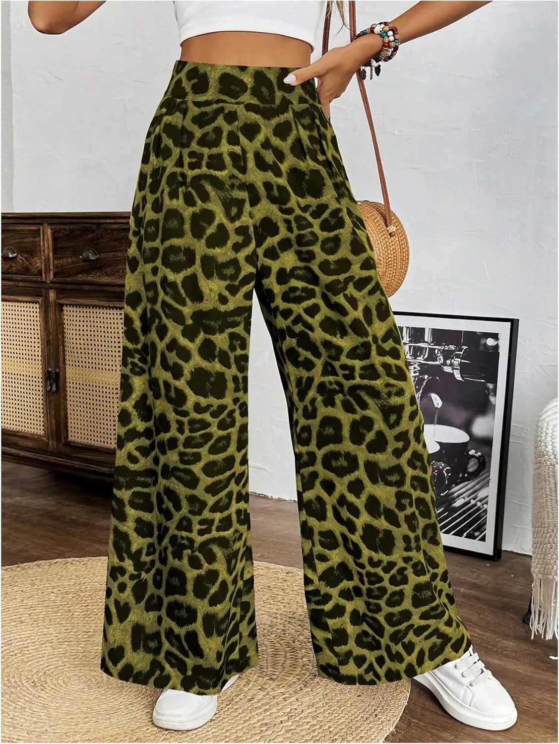 SweatyRocks Women's Leopard Print High Waisted Wide Leg Pants Casual Long Trousers
