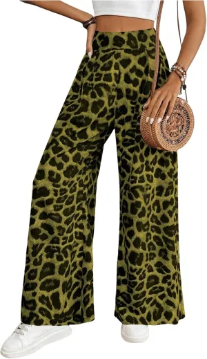 SweatyRocks Women's Leopard Print High Waisted Wide Leg Pants Casual Long Trousers