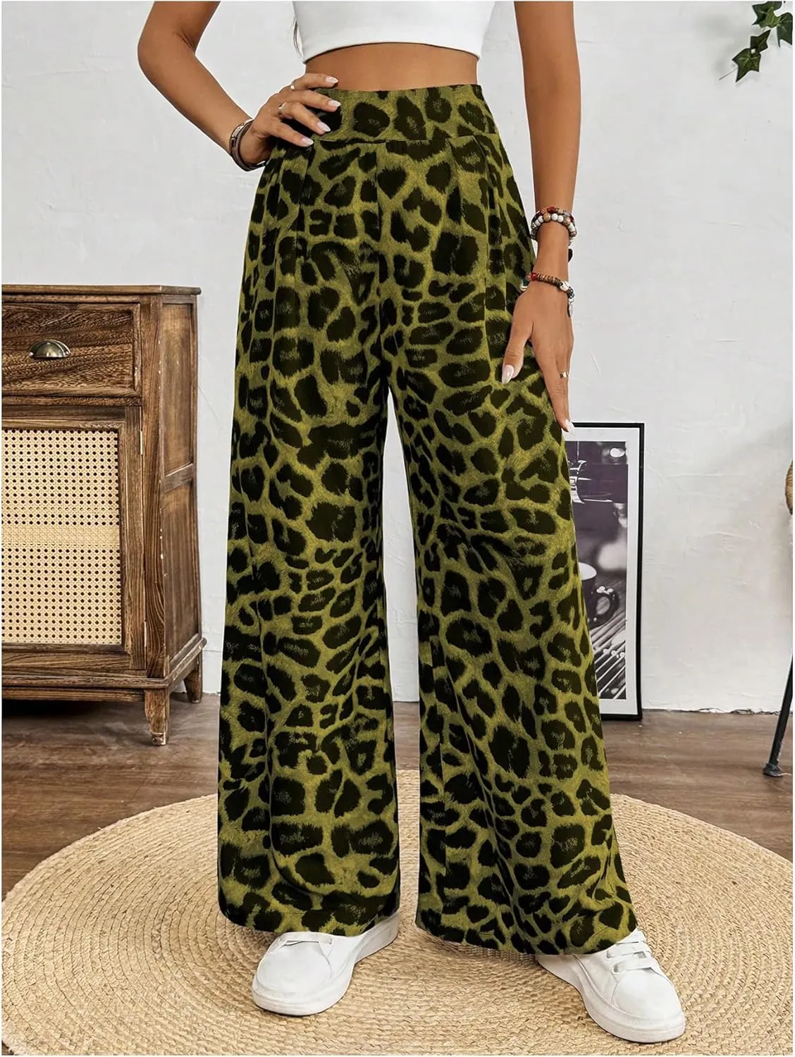 SweatyRocks Women's Leopard Print High Waisted Wide Leg Pants Casual Long Trousers