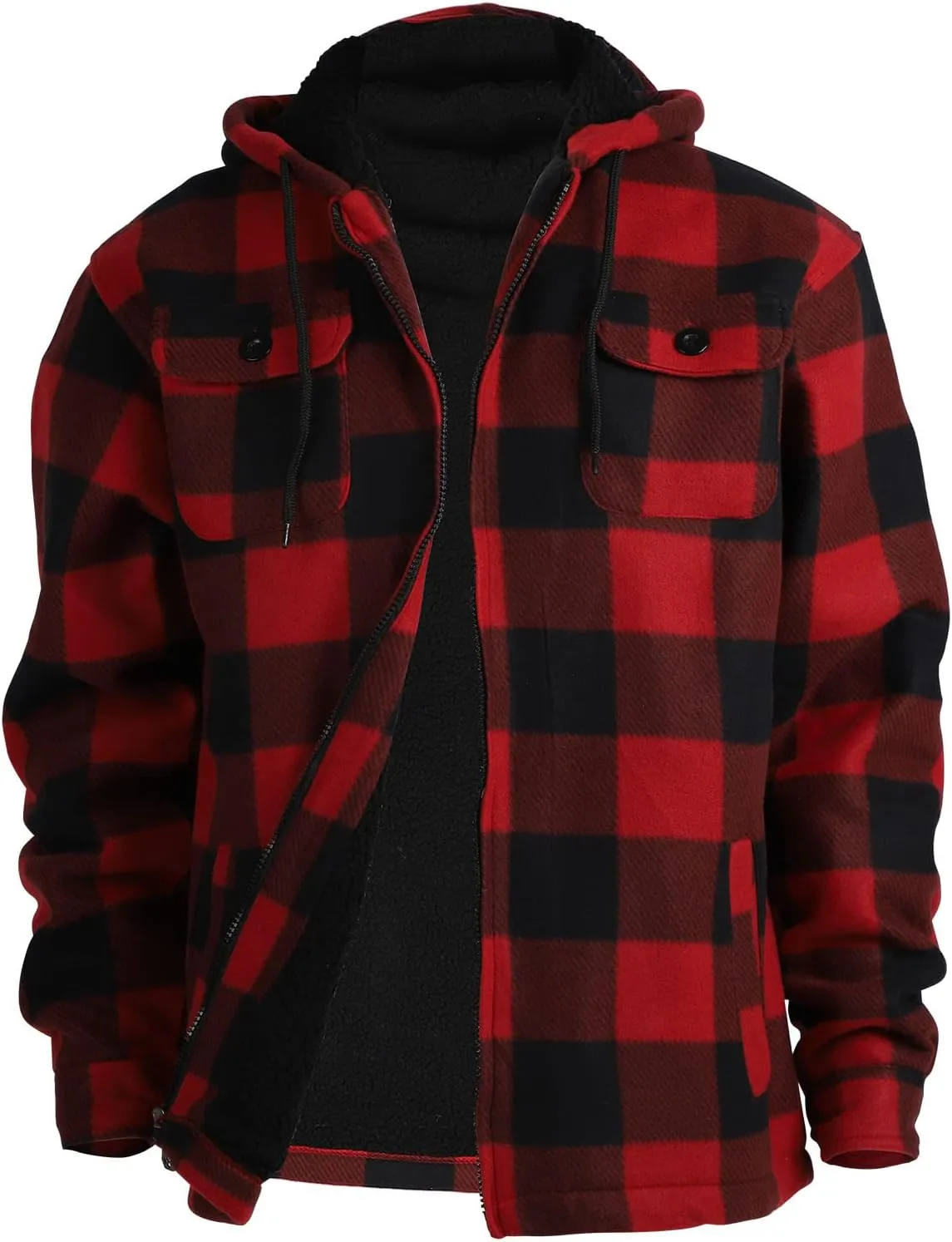 TanBridge Men's Flannel Plaid Jacket Full Zip Fleece Flannel Sherpa Hoodies Heavyweight Fleece Lined Warm Coat