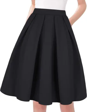 Tandisk Women's Vintage A-line Printed Pleated Flared Midi Skirt with Pockets