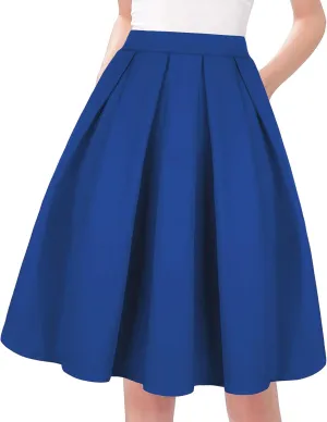 Tandisk Women's Vintage A-line Printed Pleated Flared Midi Skirt with Pockets