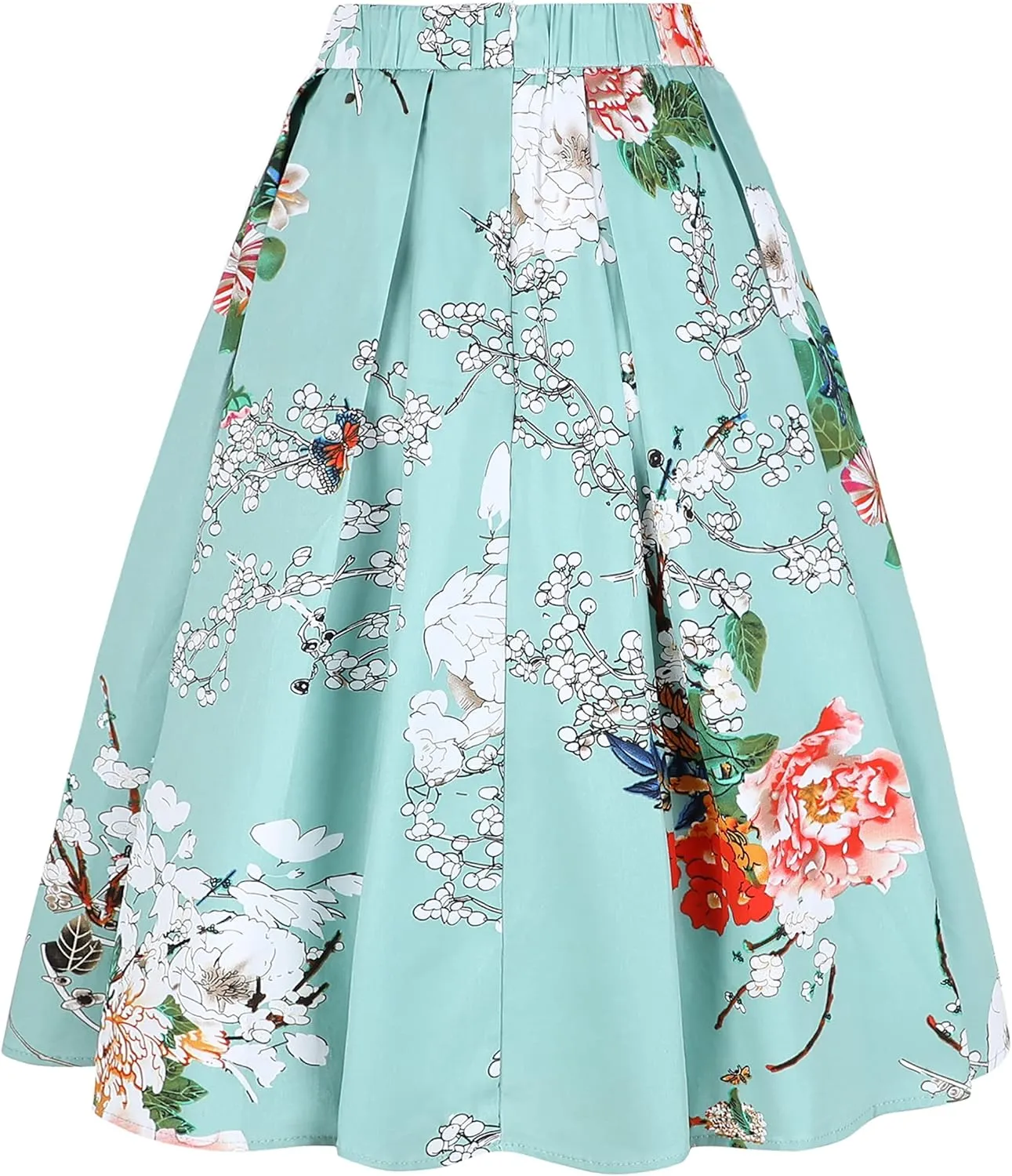Tandisk Women's Vintage A-line Printed Pleated Flared Midi Skirt with Pockets