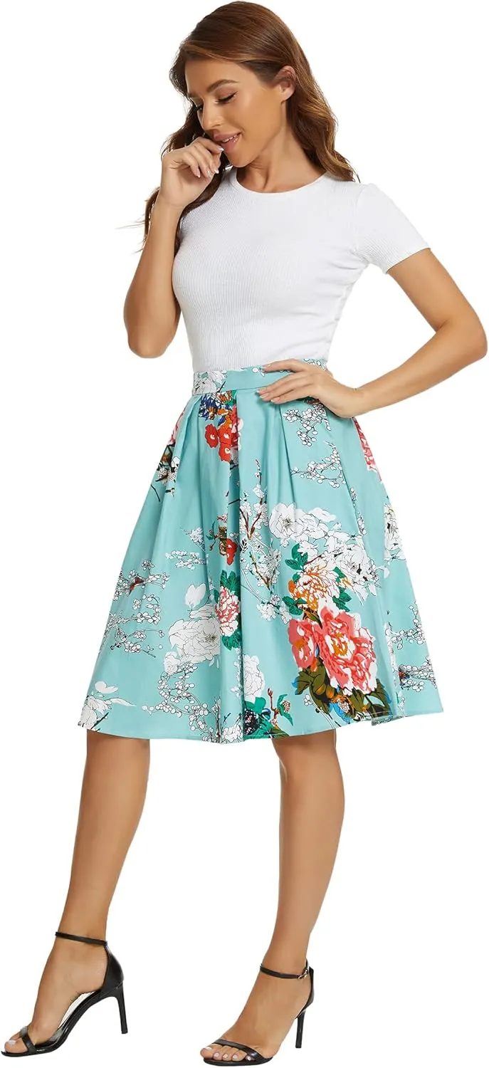 Tandisk Women's Vintage A-line Printed Pleated Flared Midi Skirt with Pockets