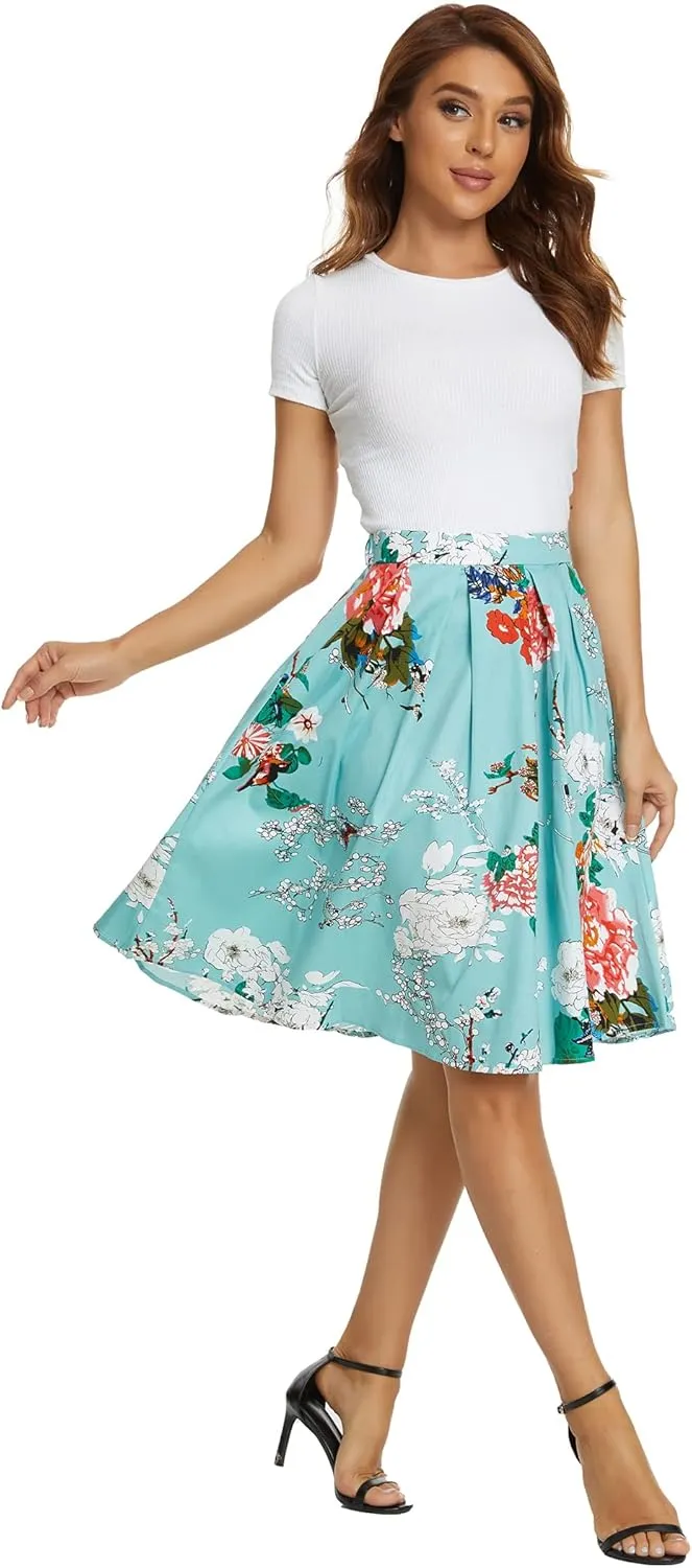 Tandisk Women's Vintage A-line Printed Pleated Flared Midi Skirt with Pockets