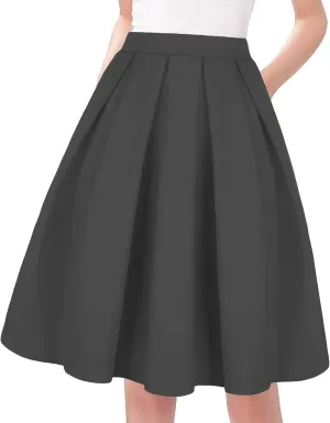Tandisk Women's Vintage A-line Printed Pleated Flared Midi Skirt with Pockets