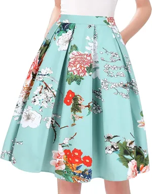 Tandisk Women's Vintage A-line Printed Pleated Flared Midi Skirt with Pockets
