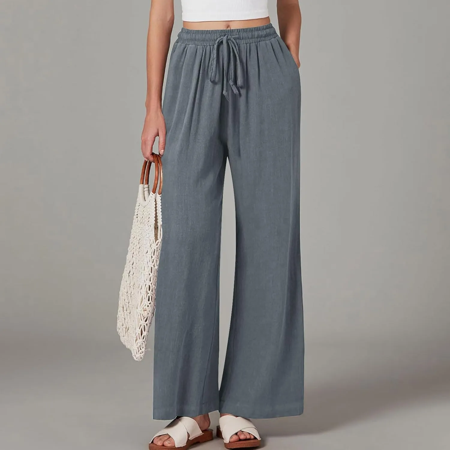 TANGNADE Womens Cotton Linen Pants with Pockets Straight Leg Loose Elastic High Waisted Comfy Summer Lounge Trousers
