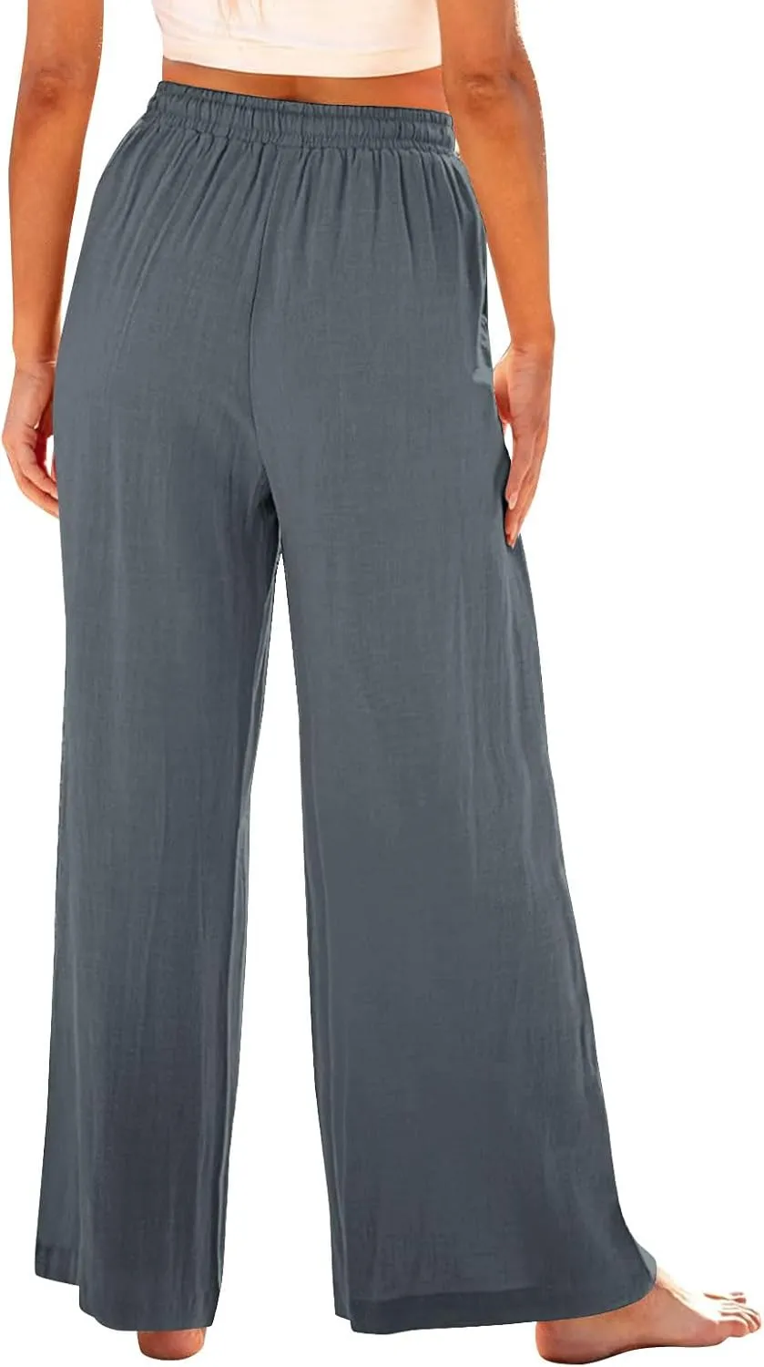 TANGNADE Womens Cotton Linen Pants with Pockets Straight Leg Loose Elastic High Waisted Comfy Summer Lounge Trousers