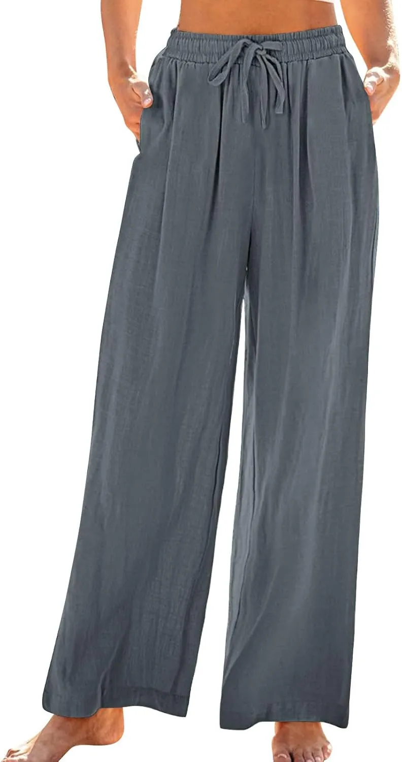 TANGNADE Womens Cotton Linen Pants with Pockets Straight Leg Loose Elastic High Waisted Comfy Summer Lounge Trousers