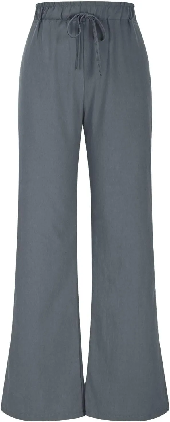 TANGNADE Womens Cotton Linen Pants with Pockets Straight Leg Loose Elastic High Waisted Comfy Summer Lounge Trousers