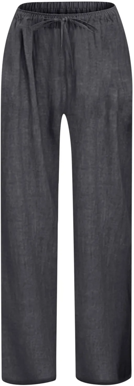 Teen Girls Casual Cotton Linen Pants Lightweight Summer Loose Fit Elastic Waist Plus Size Solid Lounge Long Trousers
