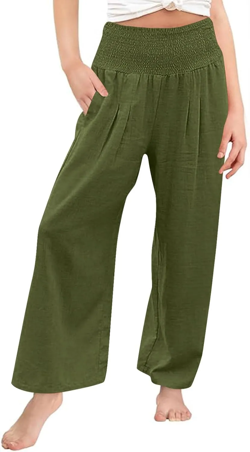 Teen Girls Cotton Linen Palazzo Pants Kids Beach Travel Resort Trousers Summer High Waist Casual Wide Leg Lounge Pant