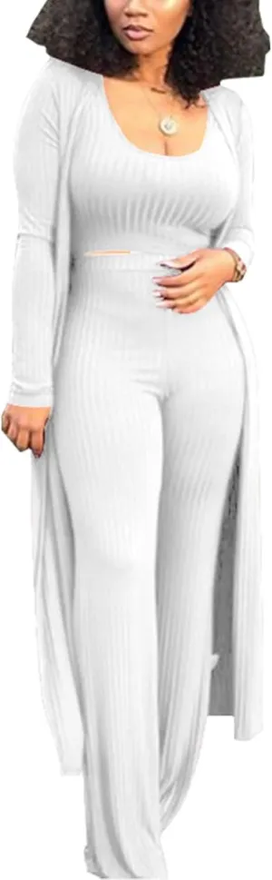 ThusFar Women 3 Piece Outfits Ottoman Rib Open Front Cardigan Cover Up Crop Tank Tops Wide Leg Palazzo Pant Set Jumpsuit